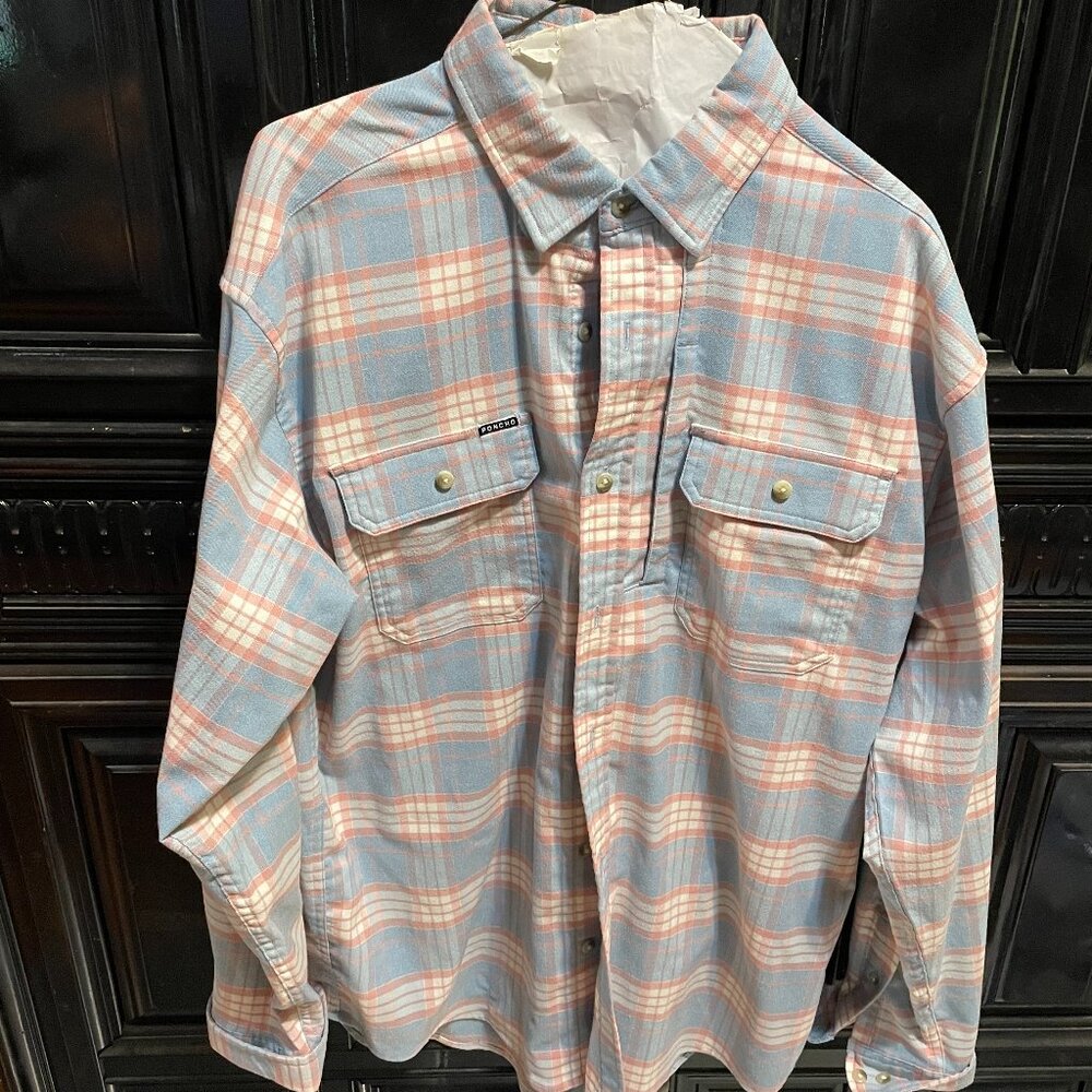 Poncho Flannel Plaid Long Sleeve Shirt Mens M